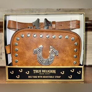 ✅ 🥰 True Religion Belt Bag w/Adjustable Straps - Brown Leather/ Rhinestone Logo